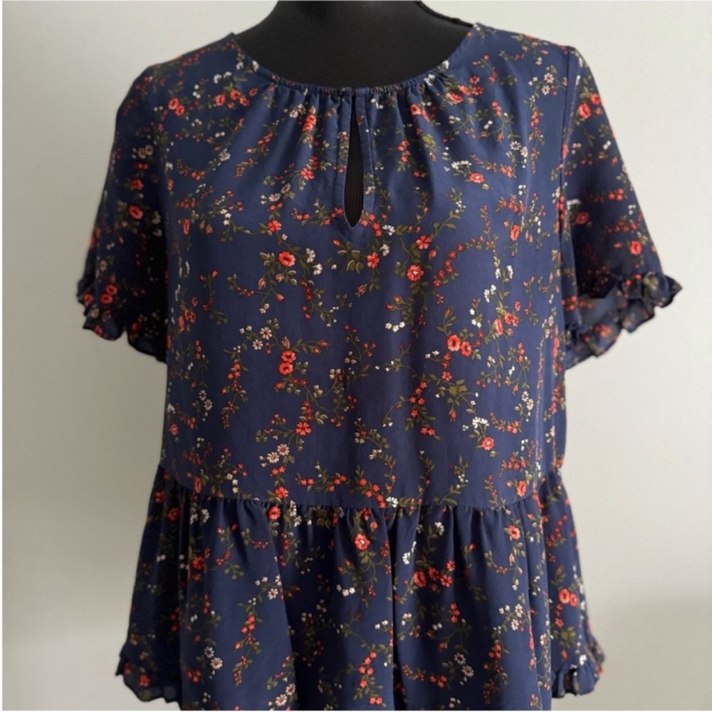 Madewell Womens Floral Navy Blue Pink Silk Blouse Top Size M